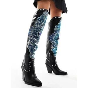 Azalea Wang Axelbeat Rhinestone Embellished Pointed To Knee High Boots Black 7.5
